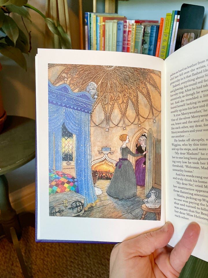 Anna's Folio edition of The Little White Horse, and The Runaways, another title for Linnets & Valerians. Anna's shelf also includes the recipe book, Cherry Cake and Ginger Beer, which contains a few recipes from The Little White Horse!