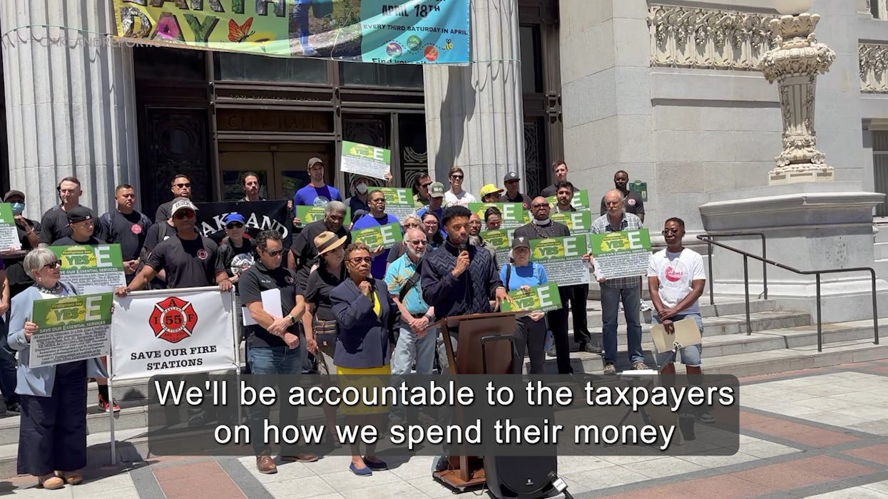 Council president Kevin Jenkins and mayor Barbara Lee speak at a rally in support of Measure E at at Oakland City Hall on May 19, 2026. (Image source: Oakland Report) Council president Kevin Jenkins and mayor Barbara Lee speak at a rally in support of Measure E at at Oakland City Hall on May 19, 2026. (Image source: Oakland Report)