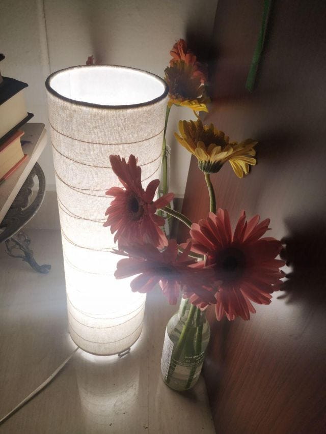 Photo of flowers in glass bottles next to a long white lamp. Photo of flowers in glass bottles next to a long white lamp.