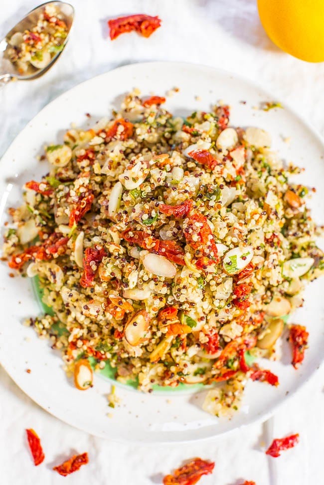 zesty quinoa salad on a plate. 