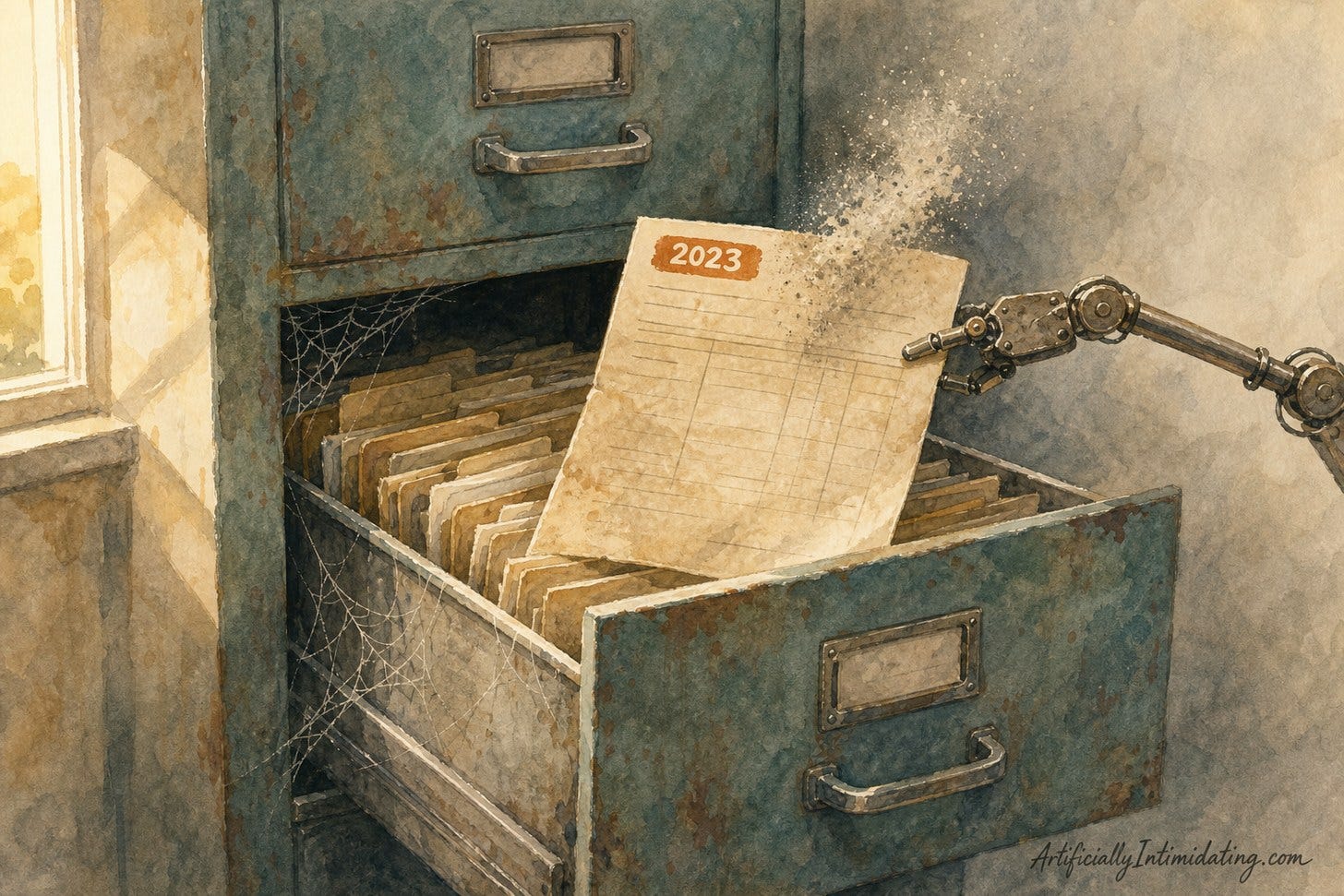 Watercolor of an old metal filing cabinet with its bottom drawer open and cobwebbed. A mechanical arm lifts out a dusty, yellowed invoice marked 2023 while dust drifts off the page in soft morning light.