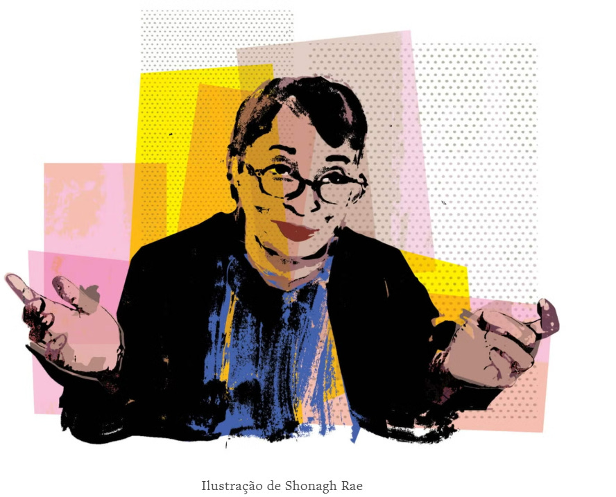 #descrevemospravocê  Ilustração digital em estilo artístico, com traços expressivos e pinceladas marcadas. A imagem mostra uma pessoa de meia-idade, de frente, com expressão de leve dúvida ou questionamento, destacada pelo gesto com as mãos abertas e levemente erguidas, como quem diz “e agora?” ou “o que posso fazer?”. A figura tem cabelos curtos e escuros, usa óculos redondos e veste um casaco preto sobre uma blusa azul com detalhes em amarelo.  O fundo é composto por formas geométricas sobrepostas em tons suaves de rosa, amarelo, cinza e lilás, além de padrões de pontilhados, criando uma composição colorida e moderna, com influência do design gráfico contemporâneo. A ilustração mistura pintura e colagem digital, e apresenta um visual vibrante e expressivo, mesmo sem retratar muitos detalhes realistas.  Abaixo da imagem, lê-se o crédito: Ilustração de Shonagh Rae.
