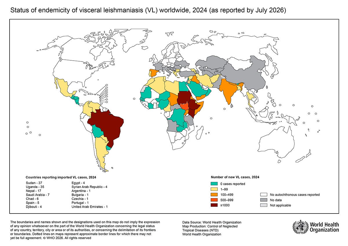 Mapa-múndi que apresenta a situação endêmica da leishmaniose visceral em 2024, segundo dados da Organização Mundial da Saúde. Os países são classificados de acordo com o número de casos registrados: verde indica nenhum caso; amarelo, menos de 100 casos; laranja-claro, de 100 a 499; laranja-escuro, de 500 a 999; e marrom, 1.000 casos ou mais. Também há áreas em branco, que representam países sem registro de casos autóctones; em cinza, países sem informação; e em cinza mais claro, locais onde a classificação não se aplica. A maior concentração de países com casos ocorre na África, especialmente na região oriental do continente, e na América do Sul, com destaque para o Brasil, que aparece na categoria de 1.000 casos ou mais. Mapa-múndi que apresenta a situação endêmica da leishmaniose visceral em 2024, segundo dados da Organização Mundial da Saúde. Os países são classificados de acordo com o número de casos registrados: verde indica nenhum caso; amarelo, menos de 100 casos; laranja-claro, de 100 a 499; laranja-escuro, de 500 a 999; e marrom, 1.000 casos ou mais. Também há áreas em branco, que representam países sem registro de casos autóctones; em cinza, países sem informação; e em cinza mais claro, locais onde a classificação não se aplica. A maior concentração de países com casos ocorre na África, especialmente na região oriental do continente, e na América do Sul, com destaque para o Brasil, que aparece na categoria de 1.000 casos ou mais.