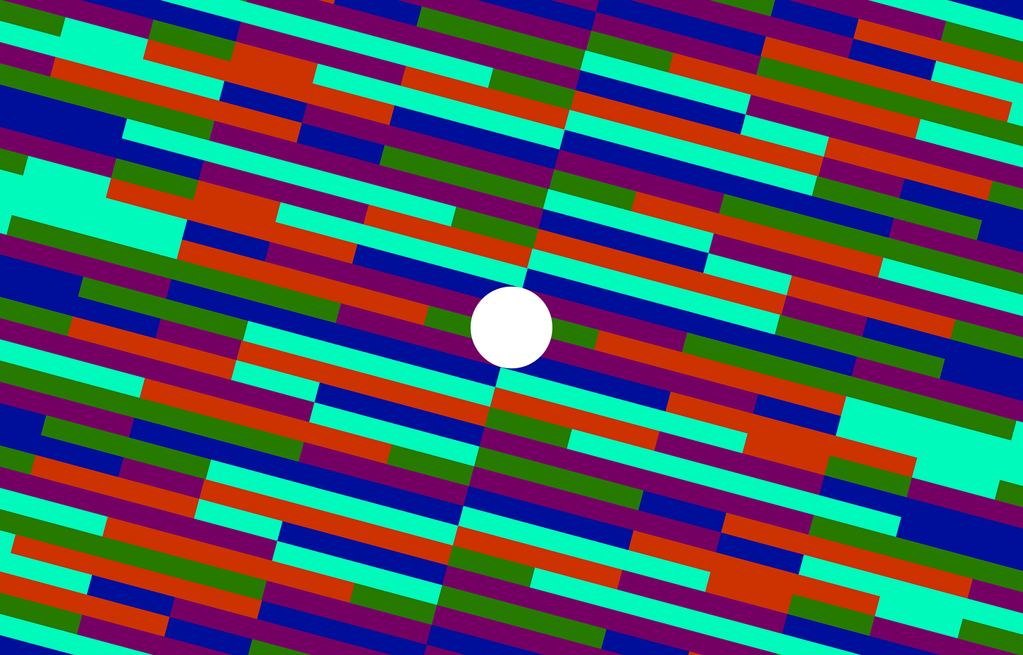 A geometric pattern of horizontal rectangles in bright turquoise, red, purple, blue, and green colors, with a white circle in the center. The colored blocks form parallel striped rows creating a vibrant, eye-catching abstract design.