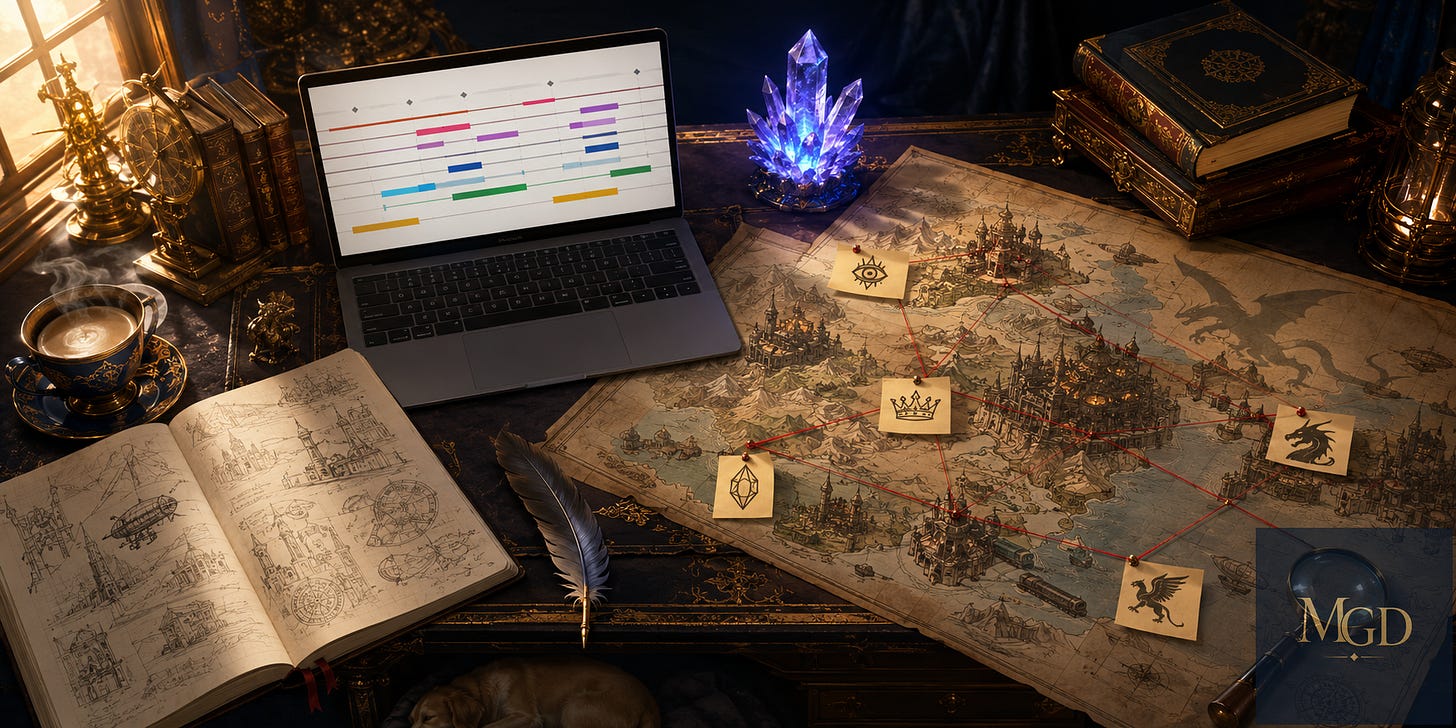 Bureau d'autrice vu de dessus : ordinateur affichant une frise narrative colorée, carte fantasy reliée par des fils rouges, cristal lumineux, café et chien endormi.