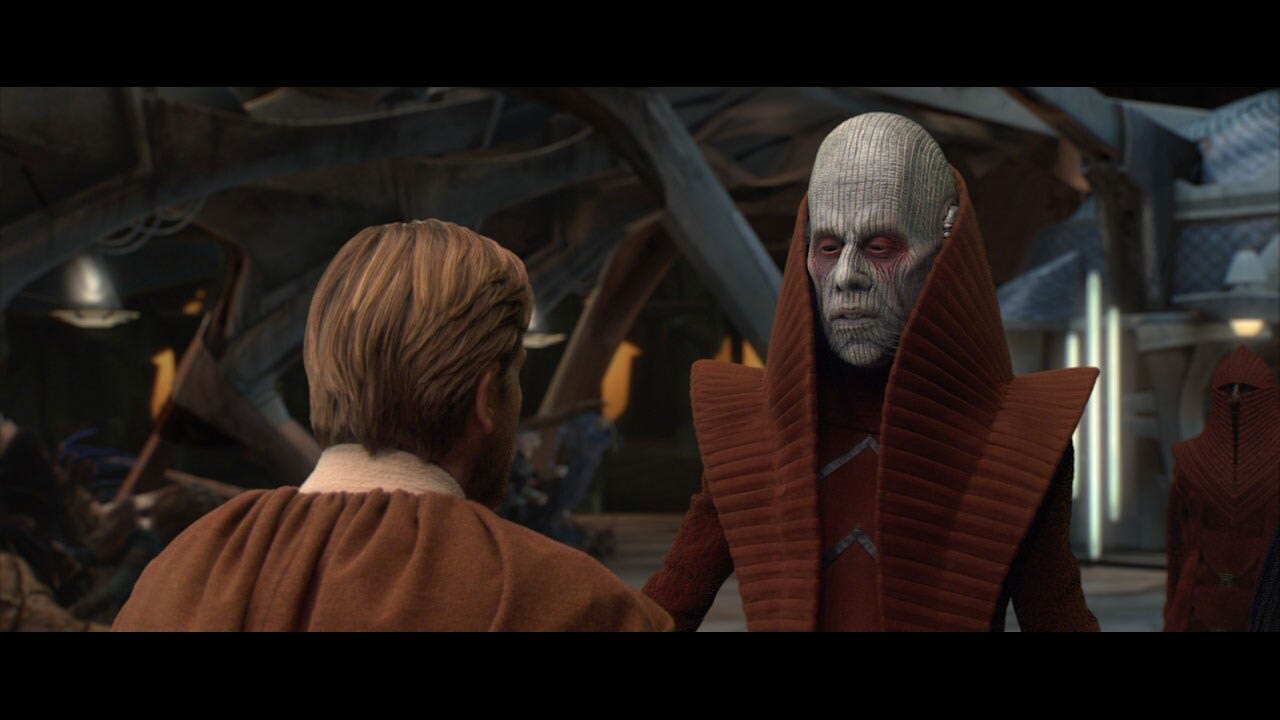 Obi-Wan lands his Jedi starfighter in one of the sinkhole cities of Utapau, and meets a native  administrator, Tion Medon. The Utapaun discreetly tells Obi-Wan that General Grievous is hiding within the upper levels of the sinkhole with thousands of battle droids.