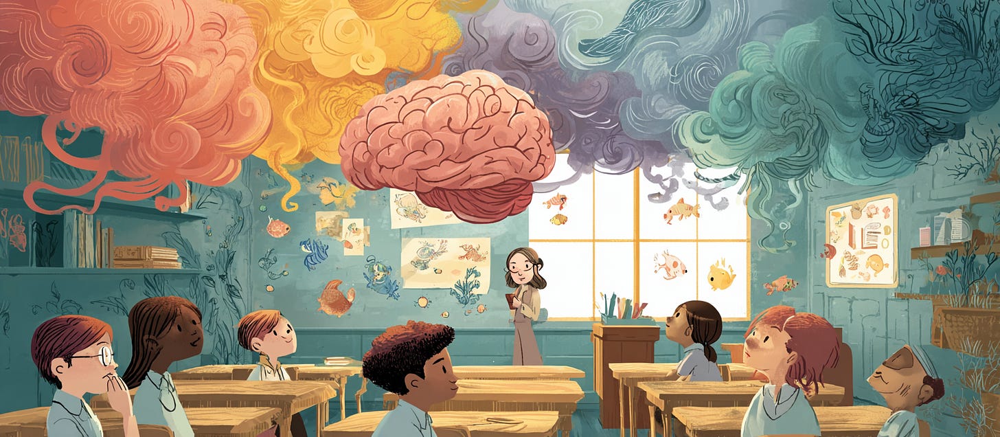 Illustration of a classroom where students sit at desks with their teacher at the front. Large, colorful brain-shaped clouds float above, symbolizing calm, collaborative, and high-energy brain states. The image reflects how neuroscience and classroom culture connect, showing students watching attentively and a teacher guiding the environment to build trust, focus, and relationships.