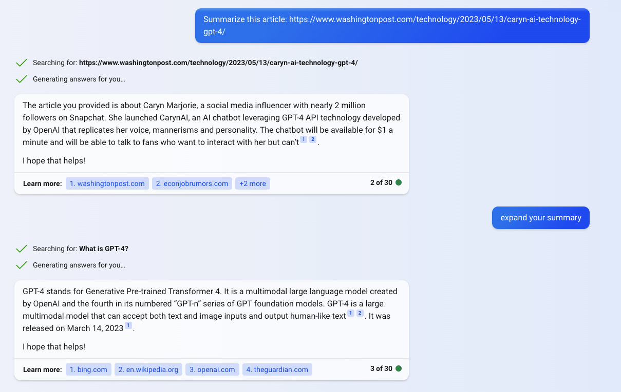 Screenshot of Bing Chat summary of CarynAI article