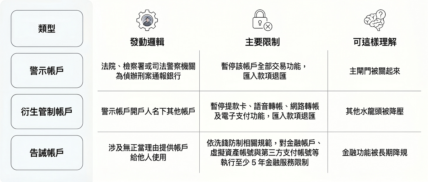 台灣警示帳戶、衍生管制帳戶與告誡帳戶比較圖,整理三種金融帳戶管制措施的啟動原因、限制內容與實際影響。內容涵蓋司法機關通報警示帳戶、衍生管制帳戶的轉帳與支付限制,以及告誡帳戶涉及洗錢防制法規下的長期金融服務限制,協助民眾了解銀行帳戶凍結、列管與金融降權機制的差異。 台灣警示帳戶、衍生管制帳戶與告誡帳戶比較圖,整理三種金融帳戶管制措施的啟動原因、限制內容與實際影響。內容涵蓋司法機關通報警示帳戶、衍生管制帳戶的轉帳與支付限制,以及告誡帳戶涉及洗錢防制法規下的長期金融服務限制,協助民眾了解銀行帳戶凍結、列管與金融降權機制的差異。
