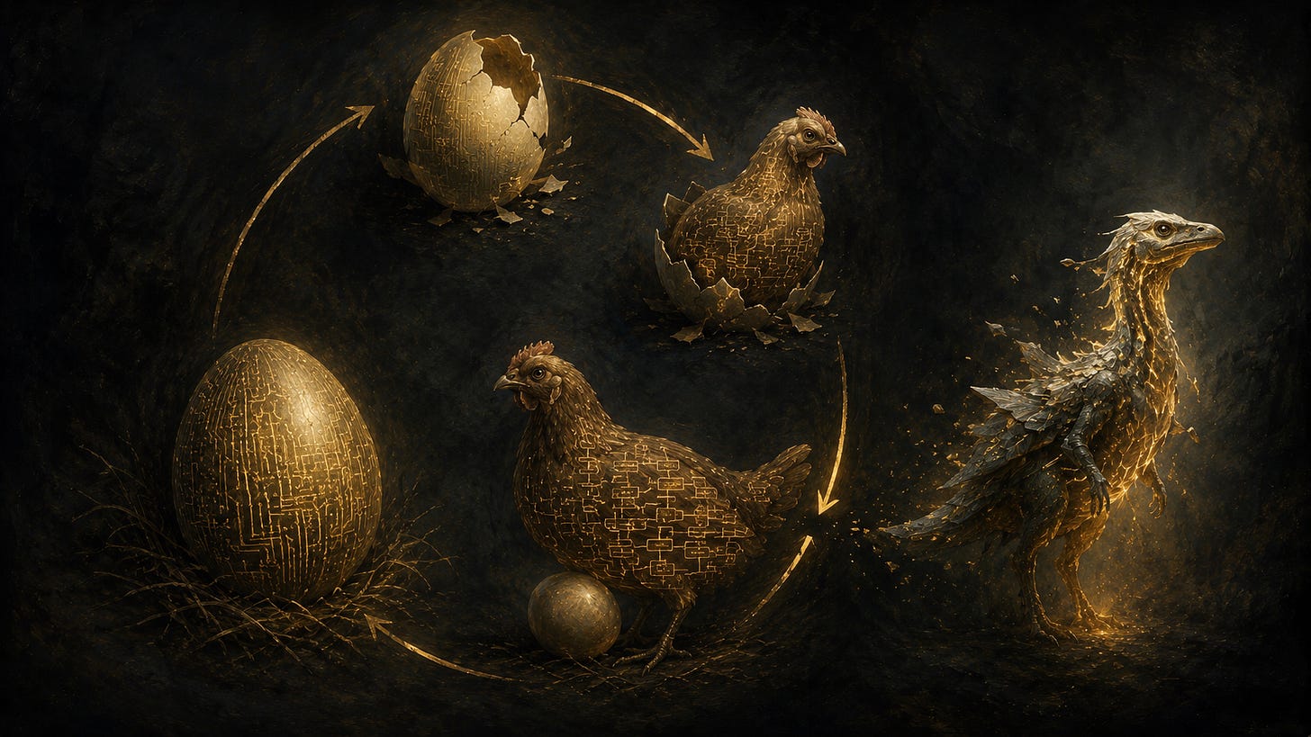 A circular evolutionary sequence unfolds against a dark, painterly background. Moving clockwise, a cracked egg etched with fine circuit-board patterns hatches into a chicken whose feathers gradually resemble organisational charts and hierarchies. The chicken lays a second, more intricate egg covered in denser circuitry before the circle breaks abruptly. Beyond the gap, a luminous new creature—neither chicken nor egg—emerges, glowing from within and suggesting the birth of an entirely new evolutionary path. Muted golds, ambers, and charcoal tones create the atmosphere of an antique natural history illustration. A circular evolutionary sequence unfolds against a dark, painterly background. Moving clockwise, a cracked egg etched with fine circuit-board patterns hatches into a chicken whose feathers gradually resemble organisational charts and hierarchies. The chicken lays a second, more intricate egg covered in denser circuitry before the circle breaks abruptly. Beyond the gap, a luminous new creature—neither chicken nor egg—emerges, glowing from within and suggesting the birth of an entirely new evolutionary path. Muted golds, ambers, and charcoal tones create the atmosphere of an antique natural history illustration.