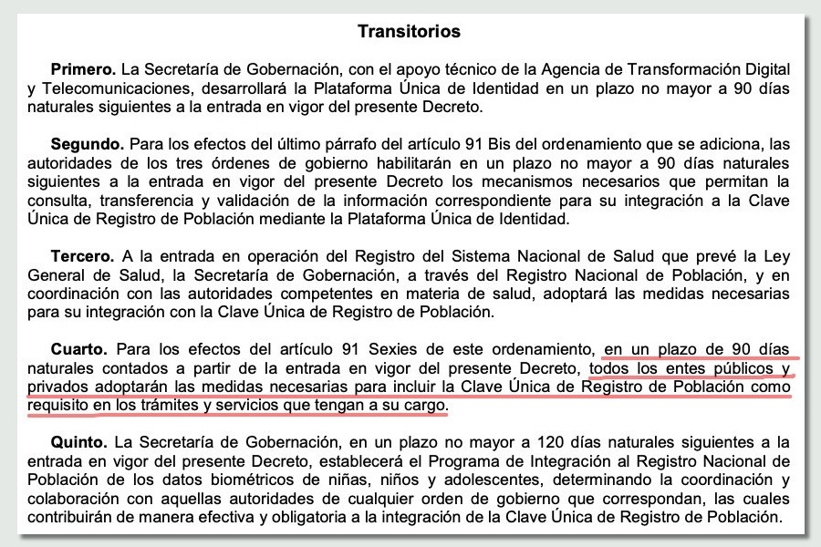 Transitorio Cuarto de la Ley General de Población, que reitera la obligatoriedad de actores públicos y privados de recabar la CURP a partir del 14 de octubre de 2025.