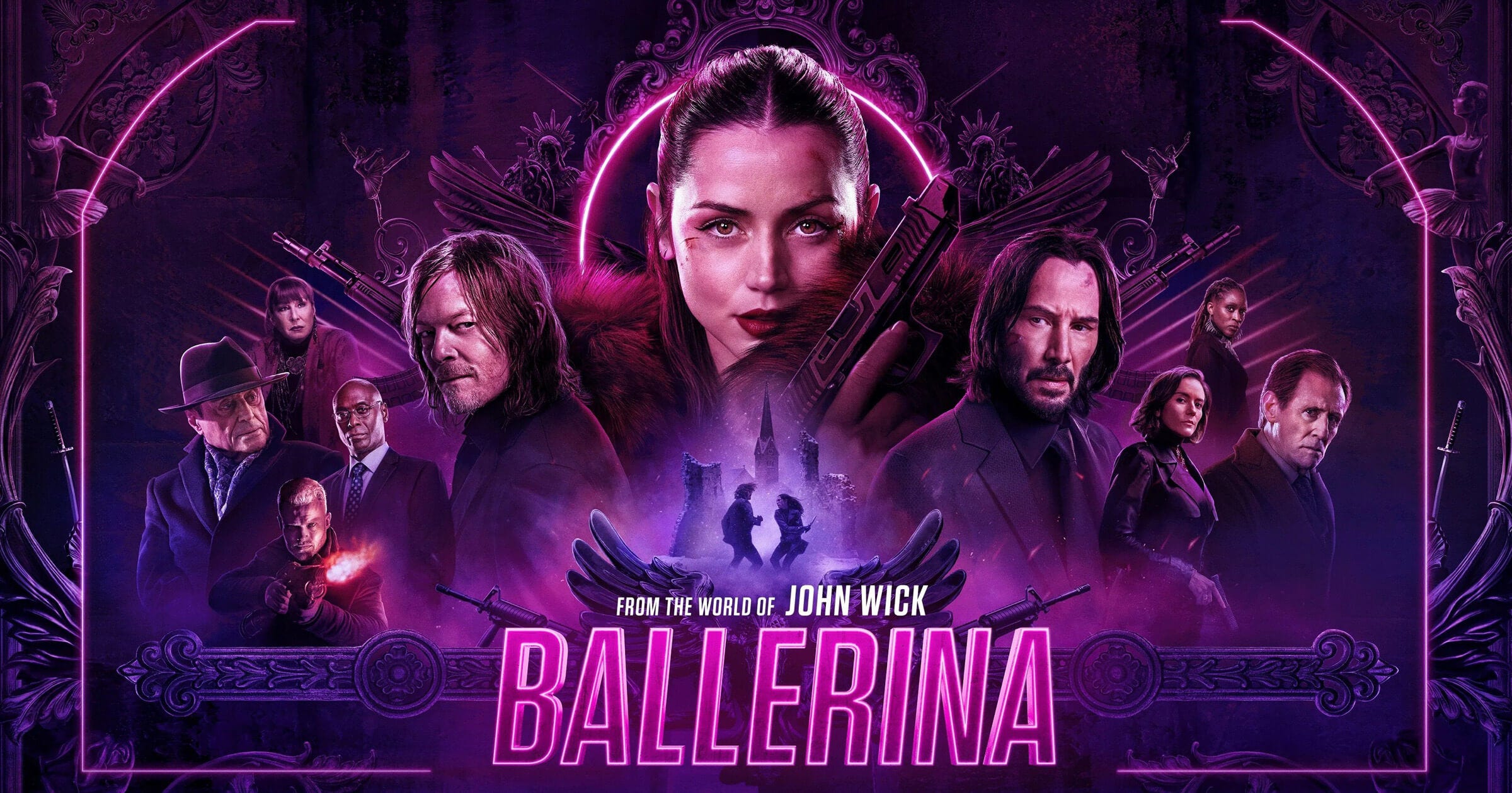 Horizontal poster art in purplle of the main character holding a gun, flanked by secondary characters including Keanu Reeves and Norman Reedus. TItle reads: From the world of John Wick: Ballerina.