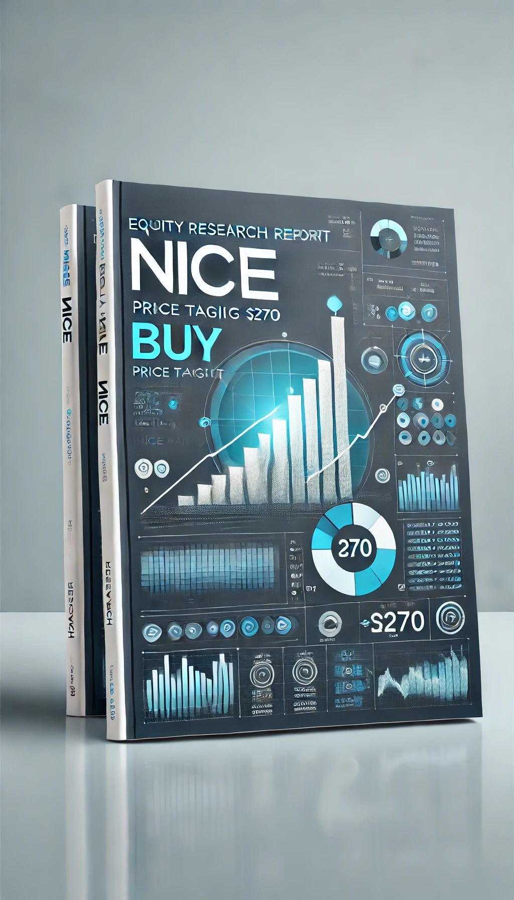 Another book cover design for an equity research report on the company NICE with a 'Buy' rating and a price target of $270. This cover should match NICE's corporate colors, incorporating shades of blue, white, and gray. The design should be sleek and modern, featuring elements like upward-trending stock market charts, digital technology icons, or abstract growth graphics. The title 'Equity Research Report: NICE - Buy Rating, Price Target $270' should be prominently displayed in a bold, contemporary font. Include 'by PaxDex Research' in smaller text at the bottom. The overall look should be professional and visually striking, with a focus on clarity and alignment with NICE's branding.