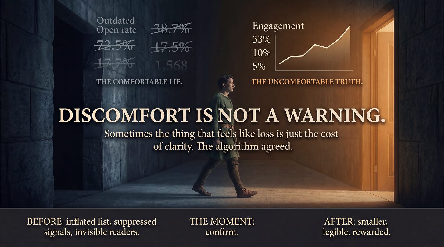 A dramatic graphic showing a person walking down a dark hallway toward a lighted doorway. Text on the left shows crossed-out, inflated percentages labeled "Outdated Open rate" above the words "THE COMFORTABLE LIE." Text on the right shows a rising line graph under "Engagement" above the words "THE UNCOMFORTABLE TRUTH." Large central text reads: "DISCOMFORT IS NOT A WARNING. Sometimes the thing that feels like loss is just the cost of clarity. The algorithm agreed." A bottom timeline reads: "BEFORE: inflated list, suppressed signals, invisible readers. THE MOMENT: confirm. AFTER: smaller, legible, rewarded."