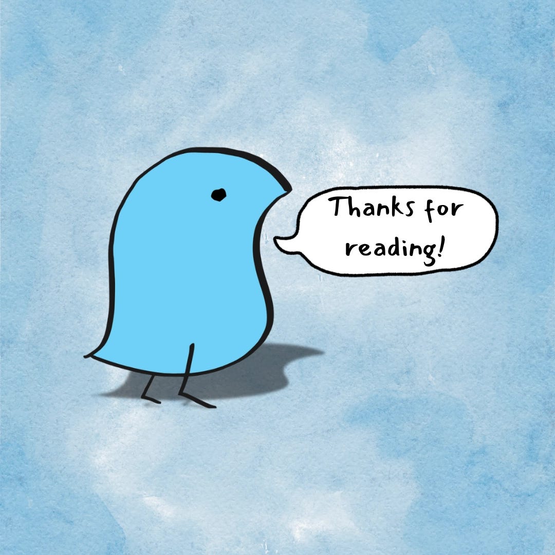 Alt text: A small blue cartoon wug stands on a light blue textured background, facing right, with a speech bubble that says “Thanks for reading!”. Alt text: A small blue cartoon wug stands on a light blue textured background, facing right, with a speech bubble that says “Thanks for reading!”.