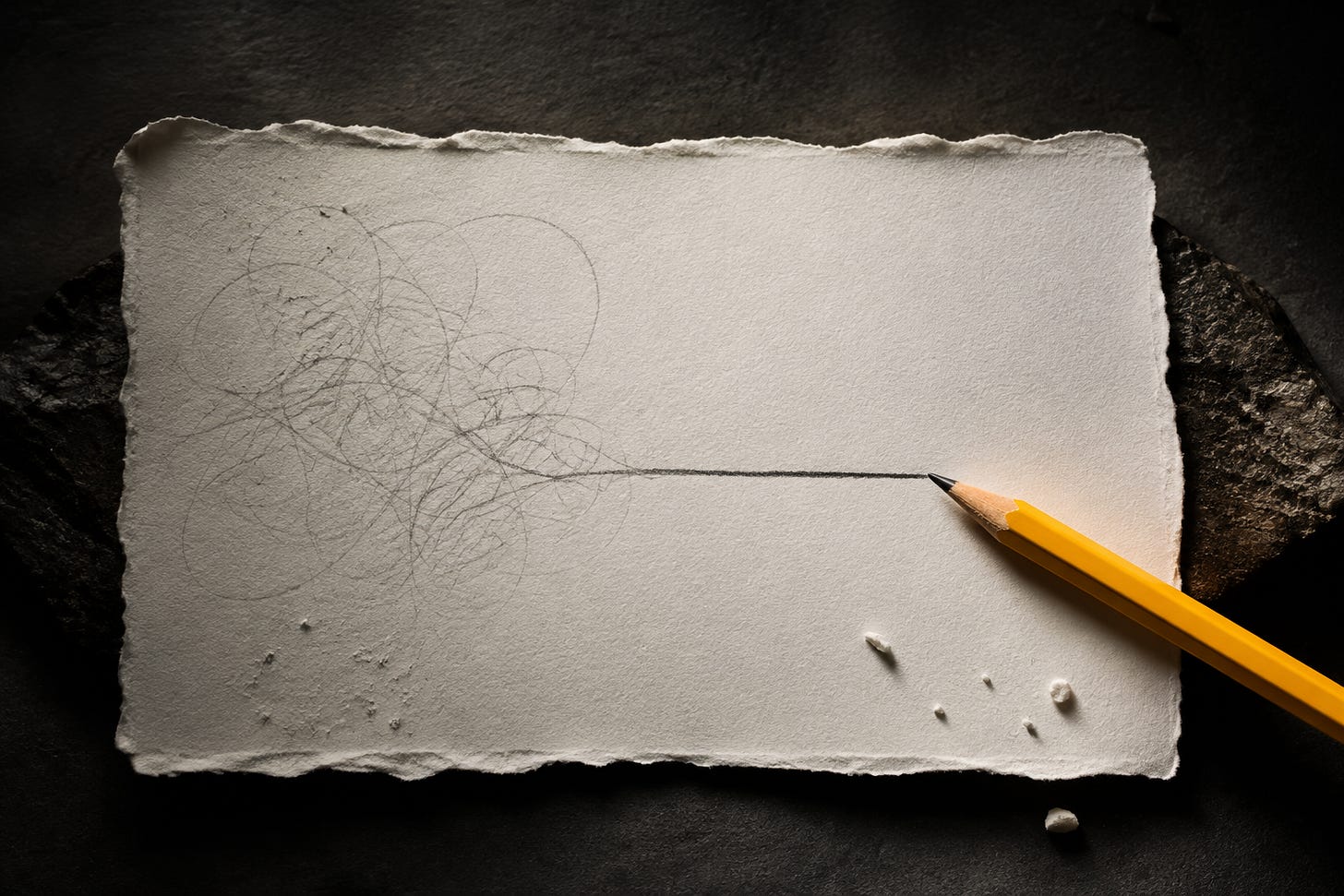 A yellow pencil rests on white paper beside a clear graphite line and softly erased marks. A yellow pencil rests on white paper beside a clear graphite line and softly erased marks.