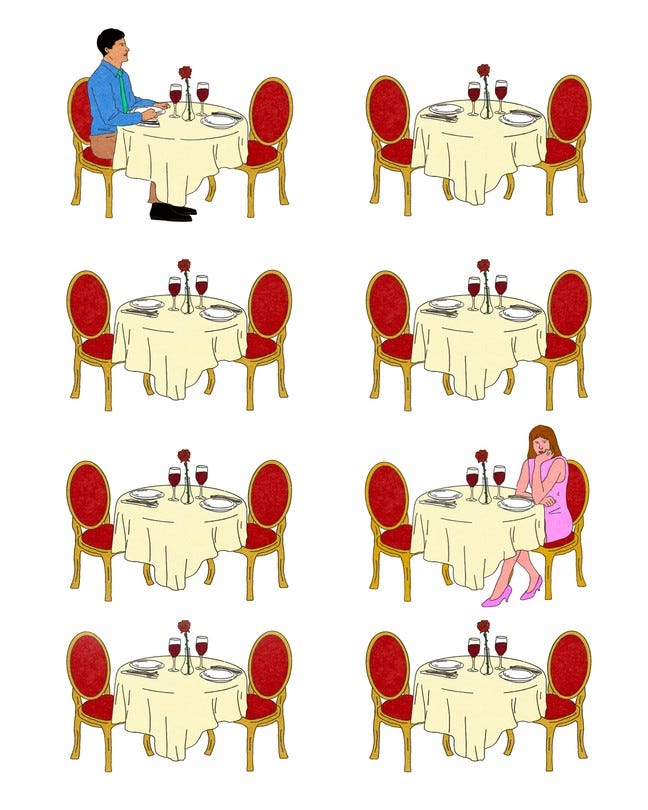 Illustration of multiple fine dining tables with red chairs and white tablecloths, each set for two; the top left table seats a single man and the bottom right a single woman.