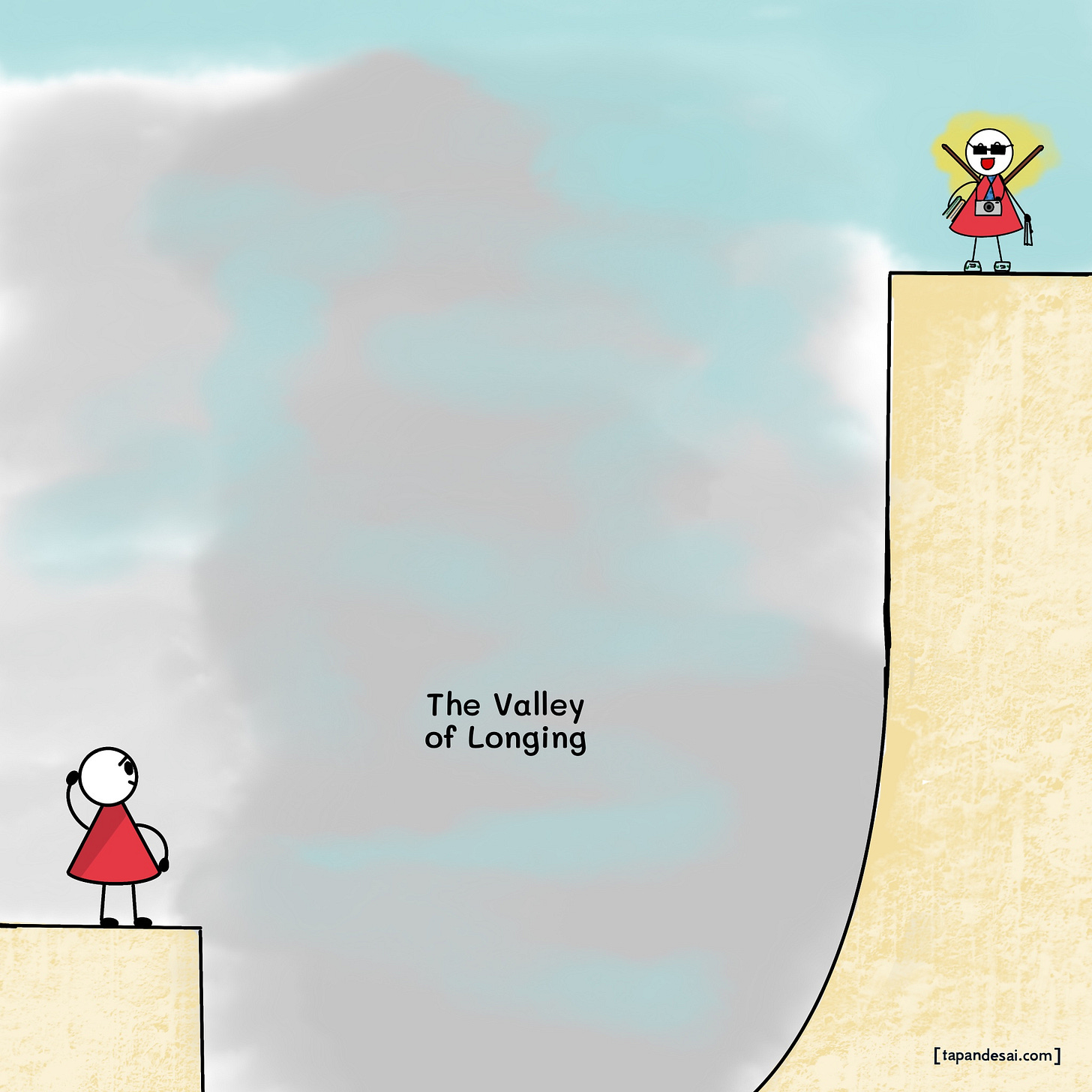 Illustration of Raj standing on one side of a cliff, gazing at his ideal self across the 'Valley of Longing' — a symbolic depiction of the emotional gap between who we are and who we aspire to be, highlighting the root of unhappiness and desire.