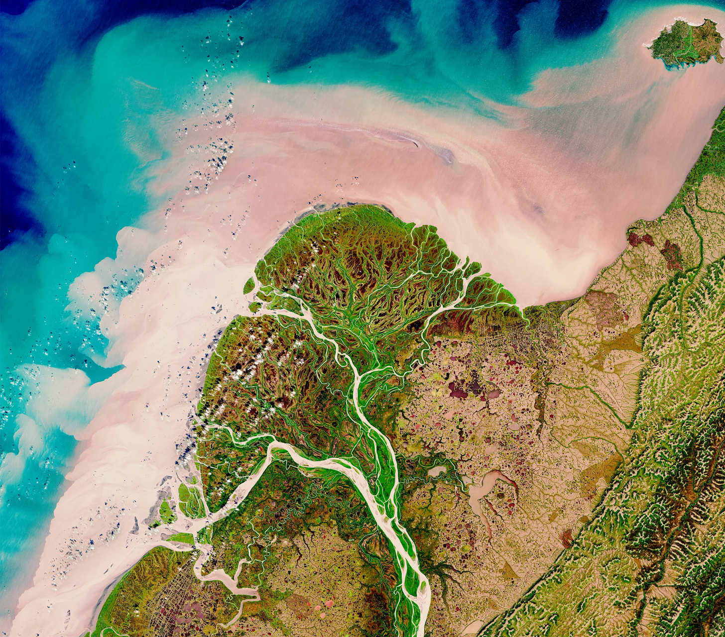 A satellite photo shows the Yukon River as it forms a massive green delta, pouring tan colored sediment into the blue Bering Sea. A satellite photo shows the Yukon River as it forms a massive green delta, pouring tan colored sediment into the blue Bering Sea.