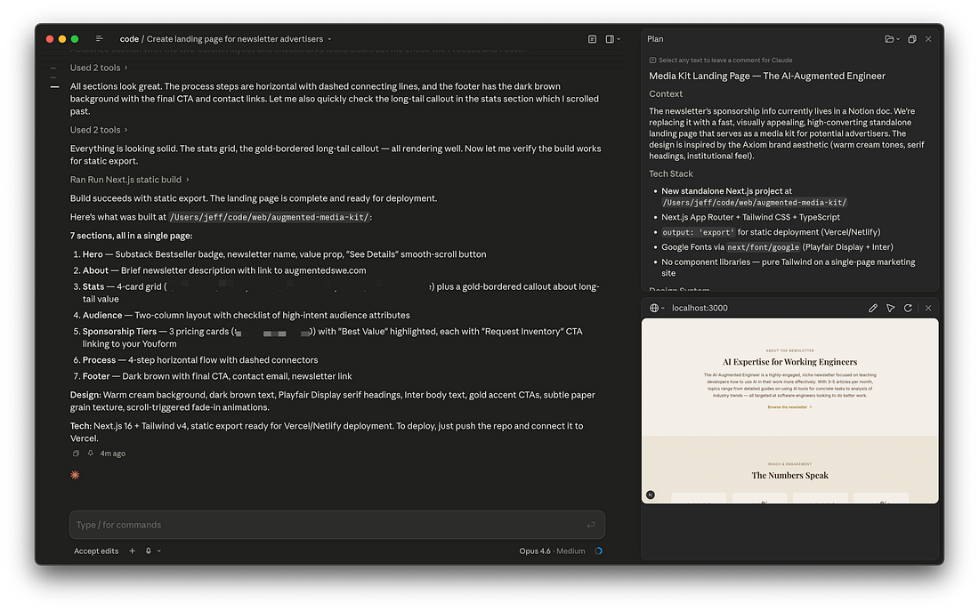 The Claude Code desktop app with an in-app browser showing a completed project