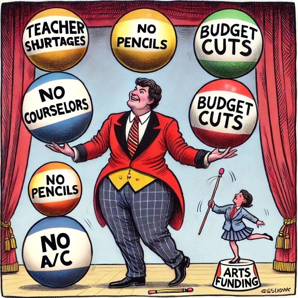 A circus-like scene where a district administrator is juggling oversized, labeled objects: "NO A/C," "NO A/C," "Budget Cuts," and a comically tiny "NO A/C" ball that is about to drop.