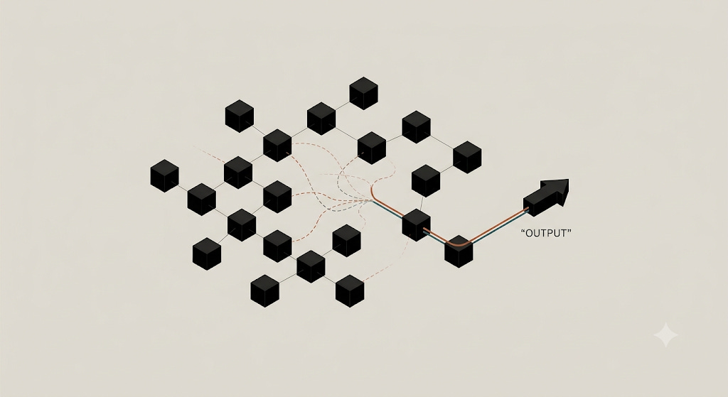Minimalist editorial illustration of attribution failure in an AI system. A loose network of small matte-black cubes on a clean, light neutral background, with one arrow leaving the network labeled “output”. Minimalist editorial illustration of attribution failure in an AI system. A loose network of small matte-black cubes on a clean, light neutral background, with one arrow leaving the network labeled “output”.