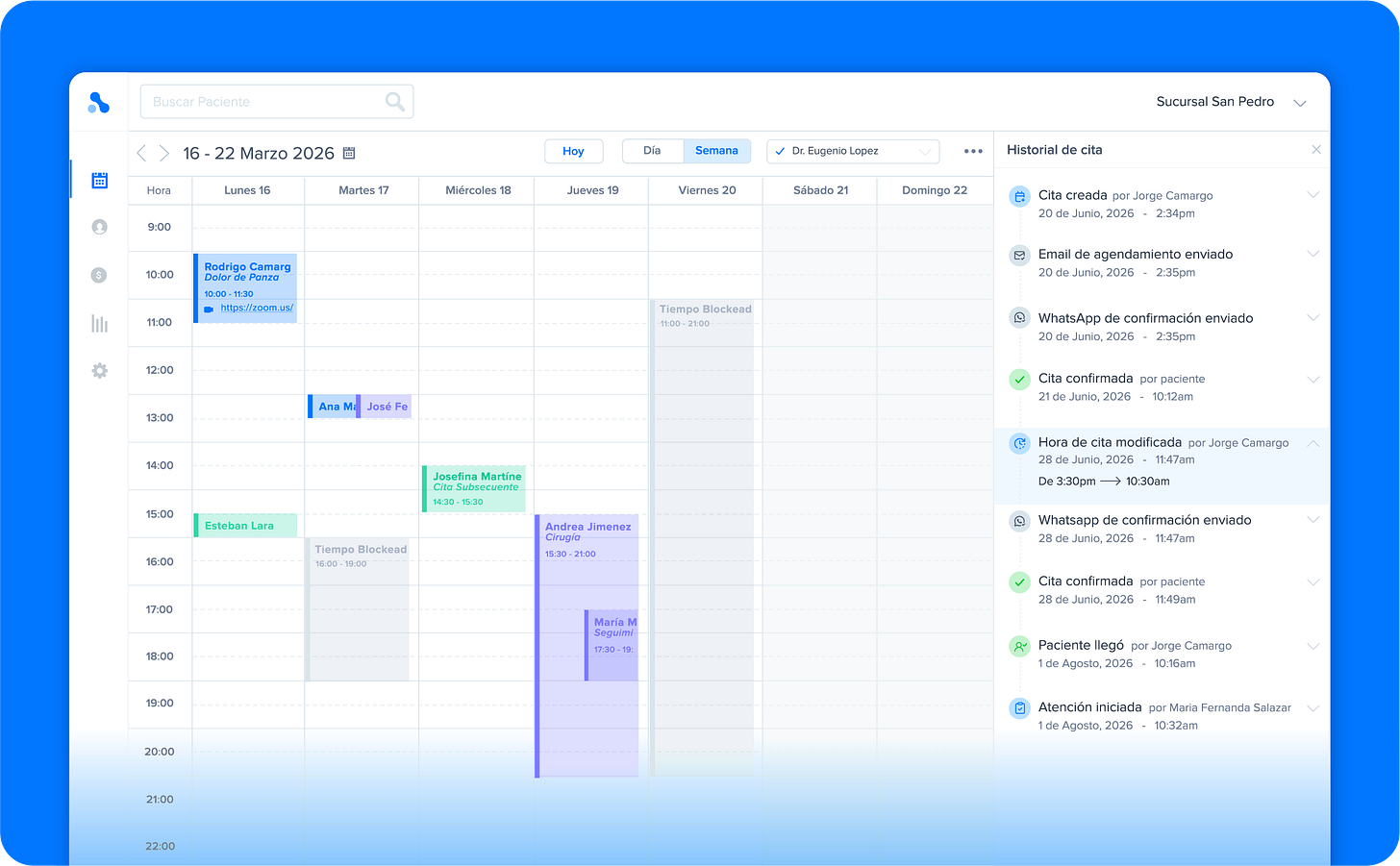 Agenda de Nimbo con el historial de una cita, sus cambios de horario y notificaciones Agenda de Nimbo con el historial de una cita, sus cambios de horario y notificaciones