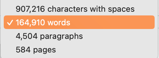 A screenshot of stats for Book 3:  907,216 characters with spaces 164,910 words  4,504 paragraphs 584 pages