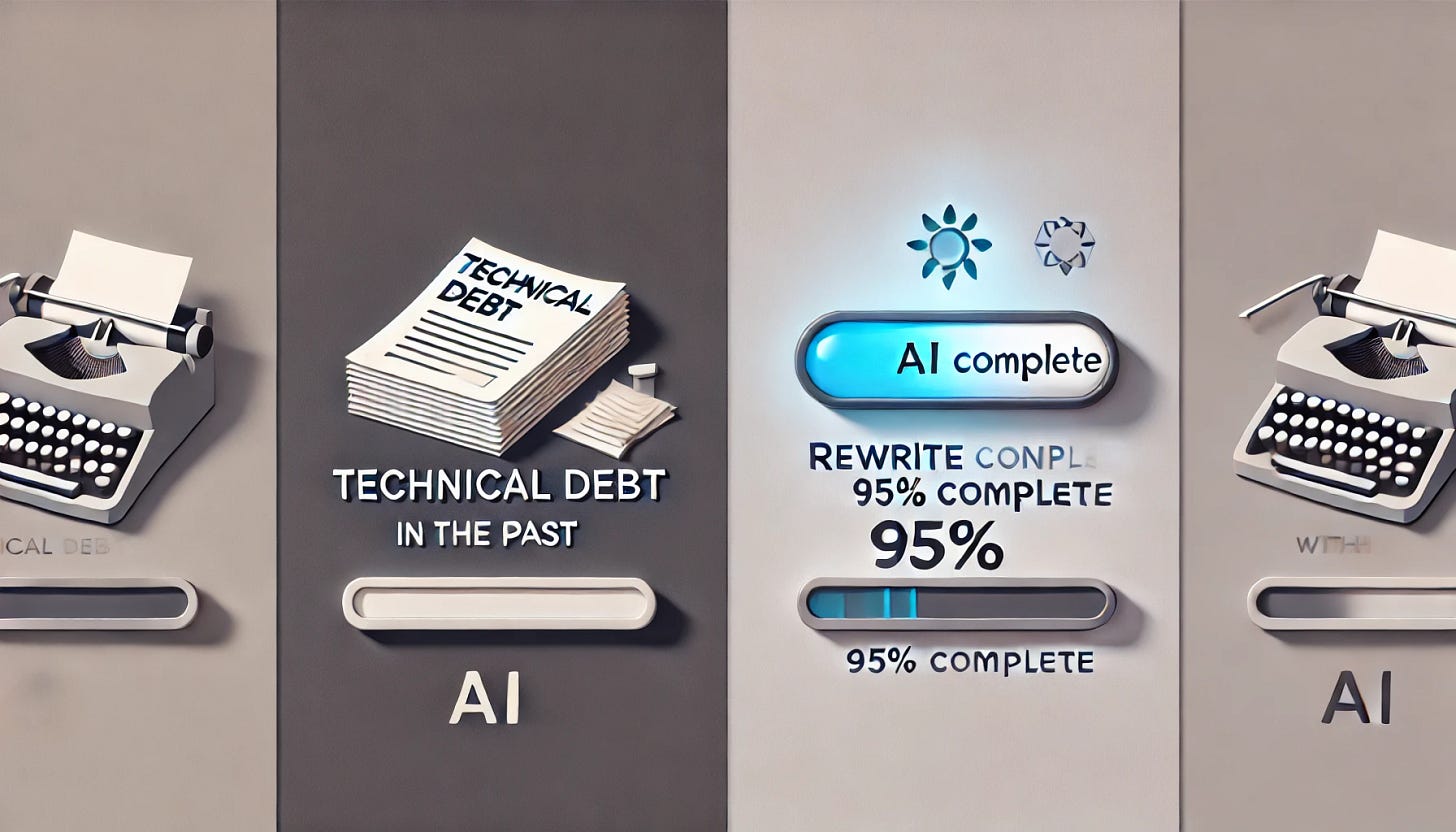 A very simple, minimalistic split-screen illustration comparing rewriting code in the past versus with AI. On the left, a small stack of papers labeled 'Technical Debt' and an old computer icon. On the right, a clean progress bar labeled 'Rewrite 95% Complete' with a subtle futuristic AI glow. Use a plain background and minimal details, focusing only on the key contrast between past and future.