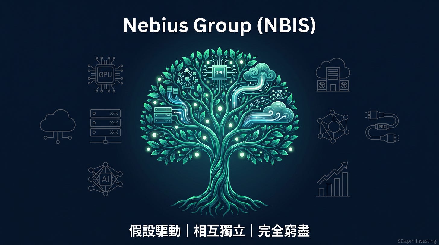 Nebius NBIS 青綠色 AI 雲端資料中心樹封面，中文 MECE 標語