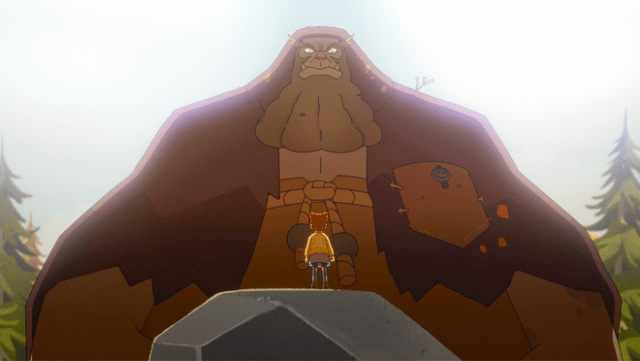 Daphne Grimm (voiced by Leah Newman) and Giant (voiced by JB Blanc) in “The Sisters Grimm,” premiering October 3, 2025 on Apple TV+.