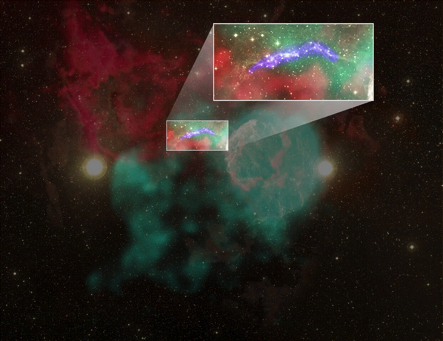 A colorful nebula with two bright, separated stars; an inset highlights a curved structure in blue and green hues within the nebula—perhaps the lingering aftermath where reunited supernovae once shaped this cosmic scene. A colorful nebula with two bright, separated stars; an inset highlights a curved structure in blue and green hues within the nebula—perhaps the lingering aftermath where reunited supernovae once shaped this cosmic scene.