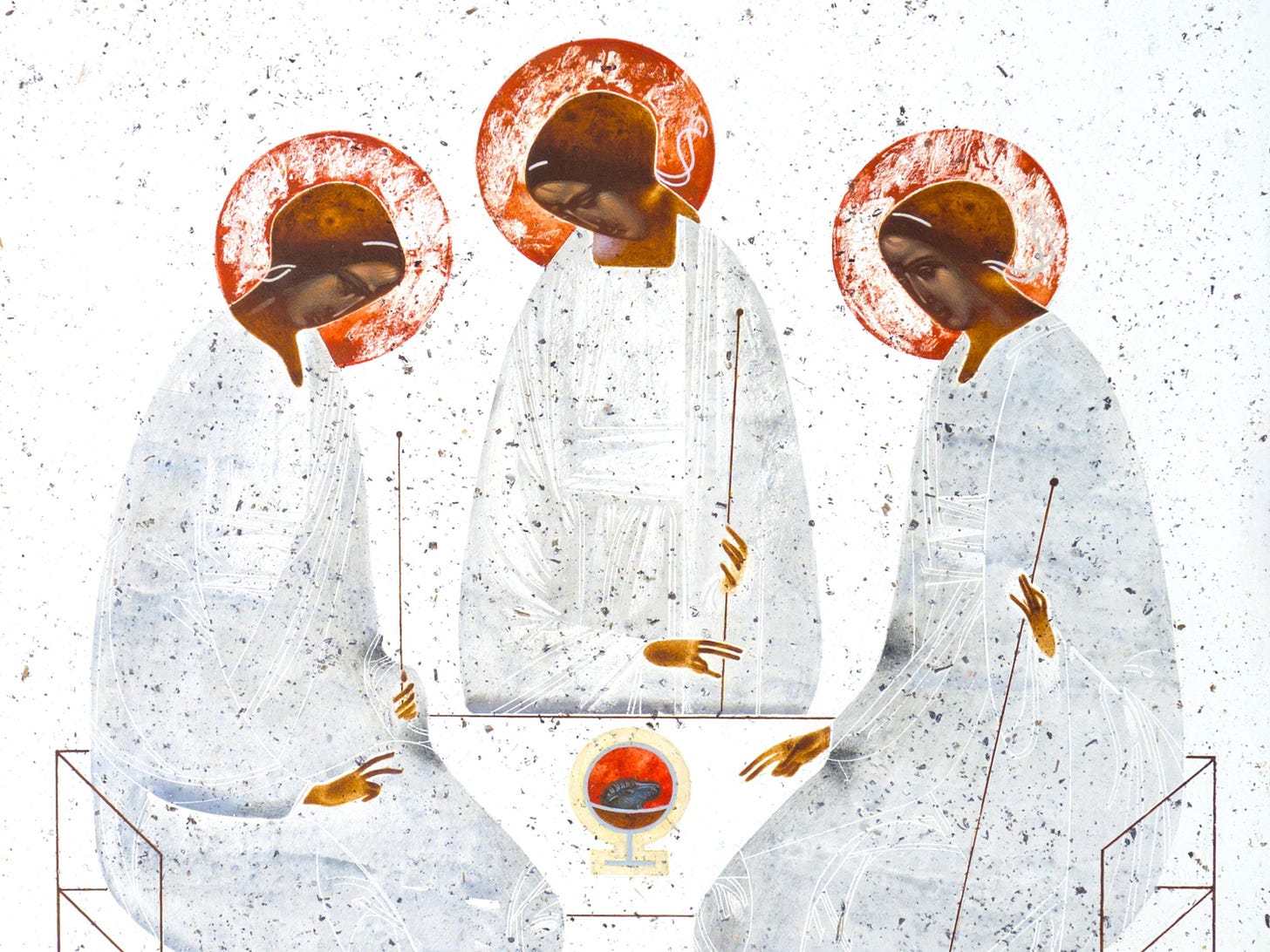 Trinity, original print on natural canvas and stretcher of modern icon,  made by Ivanka Demchuk