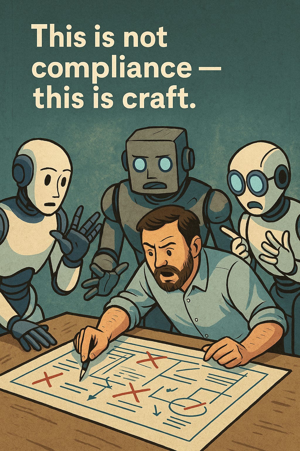 A human and three AIs sit around a blueprint covered in red Xs and arrows, all debating intensely but constructively.