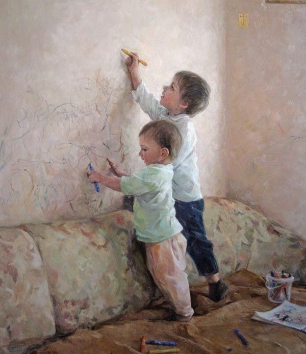 This may contain: two young boys are painting on the wall