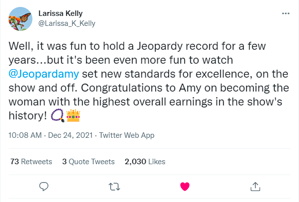Larissa Kelly, previous highest earning woman, giving Amy props. :  r/Jeopardy