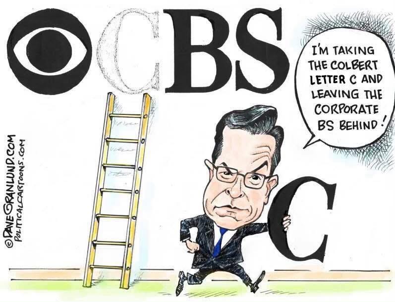 May be an image of newsroom and text that says 'OCBS BS Τ' TAKING THE COLBERT LETTER c AND LEAVING THE CORPORATE BS BEHIND com COM'