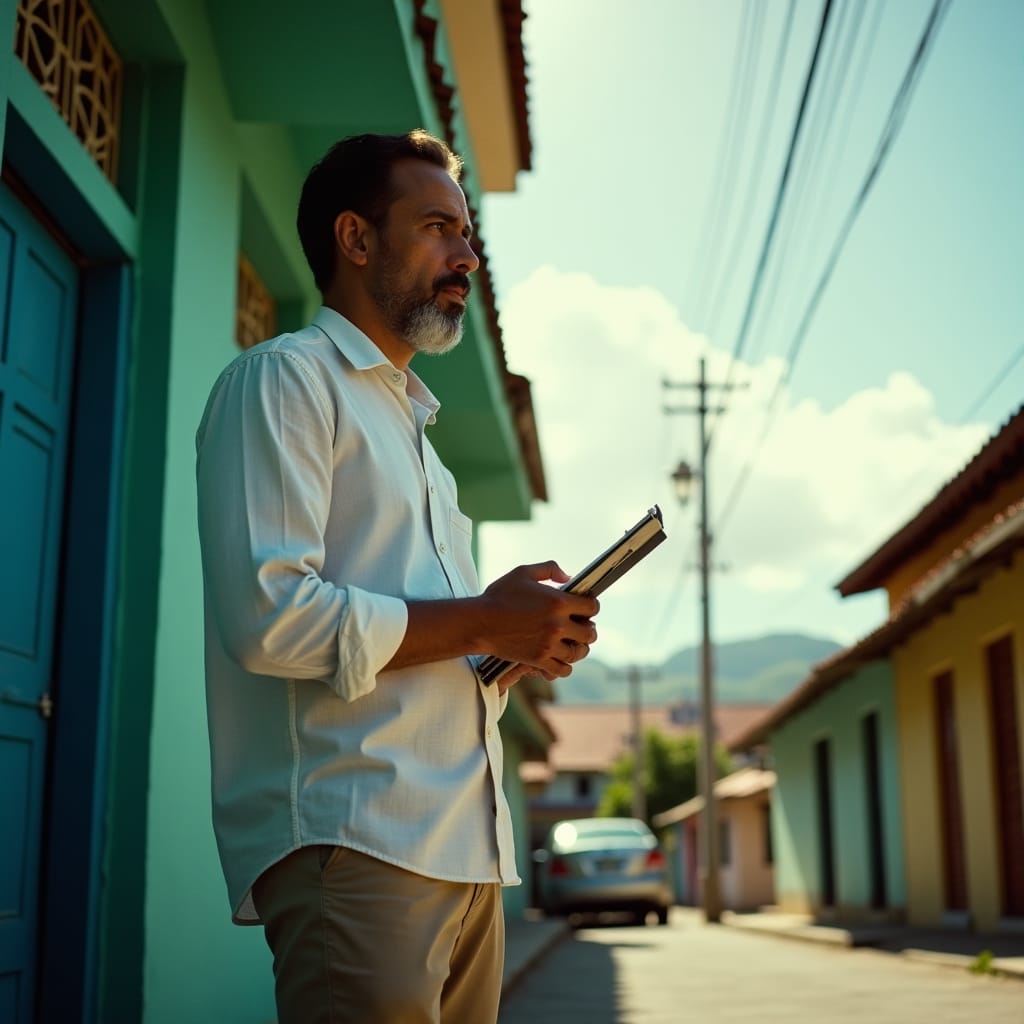 A Property Valuator in Jamaica, dressed in a crisp, white linen shirt and khaki pants, surveys a building with a keen eye, clipboard in hand, set against the vibrant, sun-drenched backdrop of a Jamaican cityscape. Soft, warm light casts long shadows across the scene
