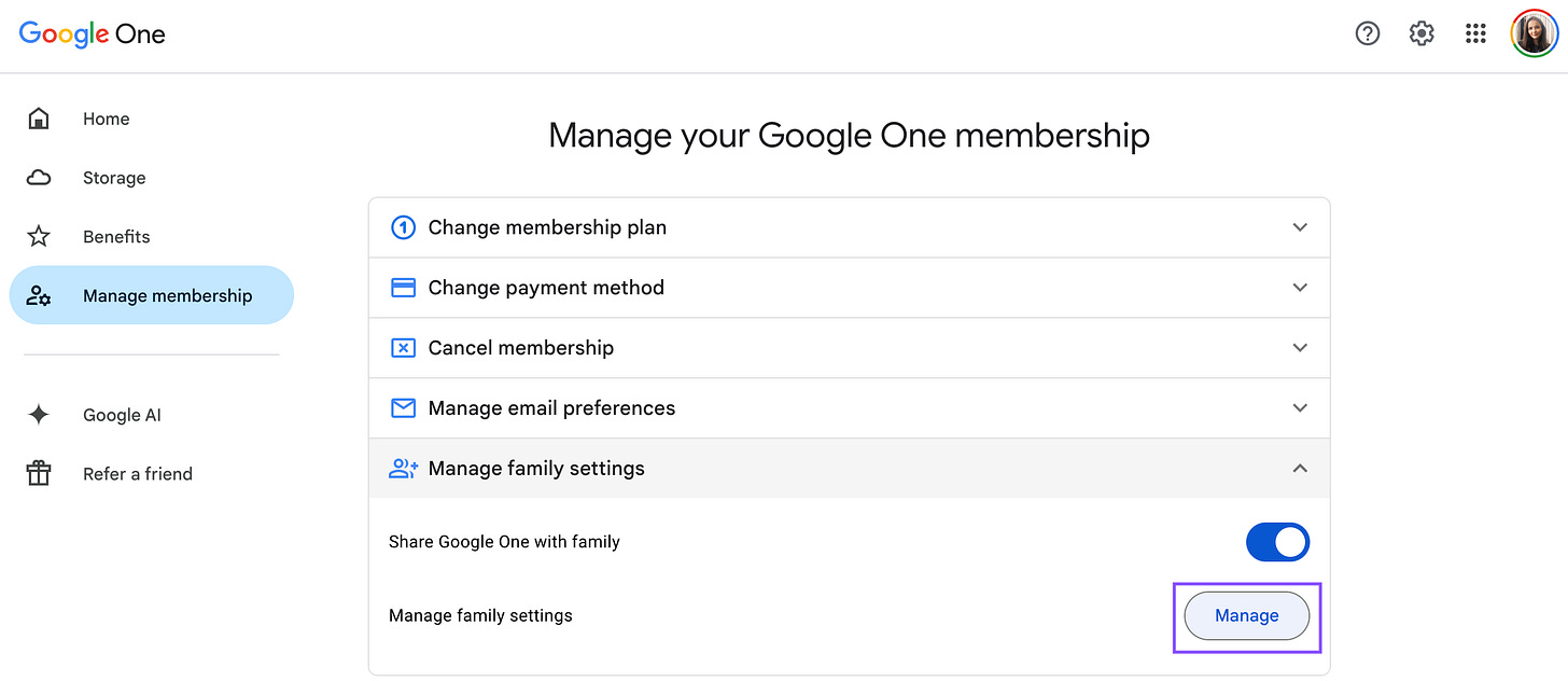 Google One Manage membership page showing the Manage family settings section expanded with the Share Google One with family toggle turned on and the Manage button highlighted Google One Manage membership page showing the Manage family settings section expanded with the Share Google One with family toggle turned on and the Manage button highlighted
