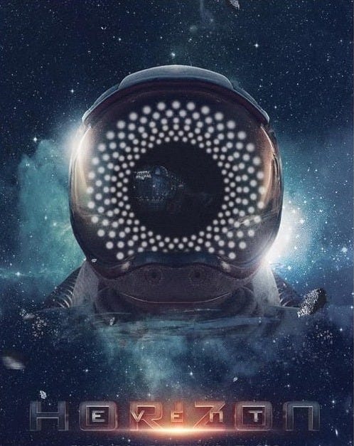This may contain: a movie poster with an image of a spaceman's helmet in the center