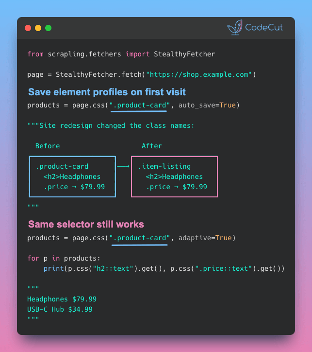 Code example: Scrapling: Adaptive Web Scraping in Python Code example: Scrapling: Adaptive Web Scraping in Python