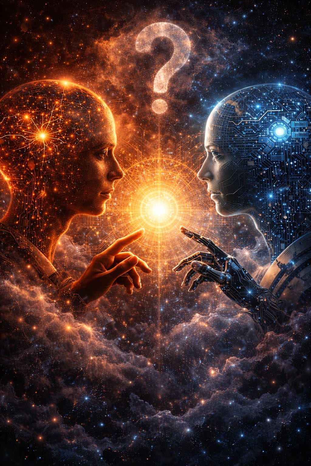 صورة رقمية بأسلوب فلسفي مستقبلي تظهر وجه إنسان على اليسار مليء باتصالات عصبية مضيئة باللون البرتقالي، ووجه روبوت آلي على اليمين مزين بدوائر إلكترونية زرقاء، كلاهما يشير نحو كرة ضوء ذهبية نابضة في الوسط، مع علامة استفهام مضيئة تطفو أعلاها، تعكس التساؤل حول طبيعة الوعي وعلاقة الإنسان بالذكاء الاصطناعي.