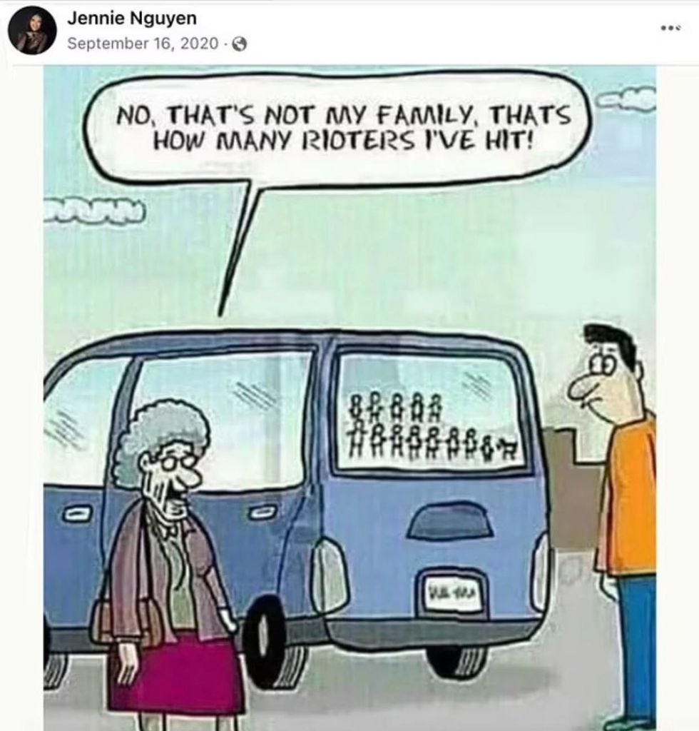 Old lady has car with stick figures all over the back window, says "No, that's not my family, that's how many rioters I've hit!" Old lady has car with stick figures all over the back window, says "No, that's not my family, that's how many rioters I've hit!"
