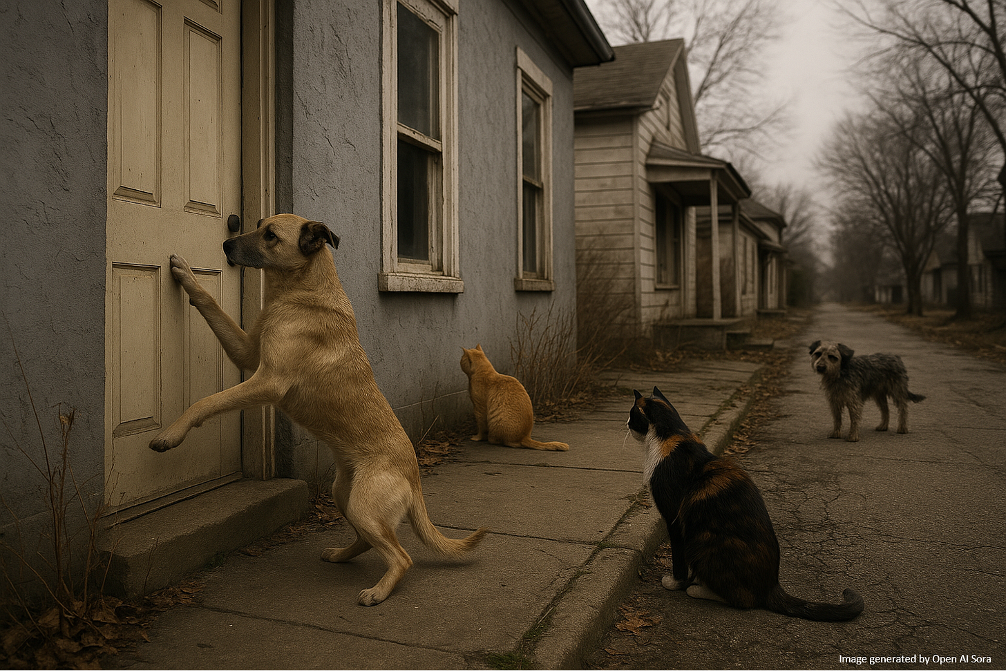 Picture of an empty neighborhood with sad, abandoned pets roaming the deserted street. A dog is trying to get into its former home, but there's nobody home. The family has been deported.