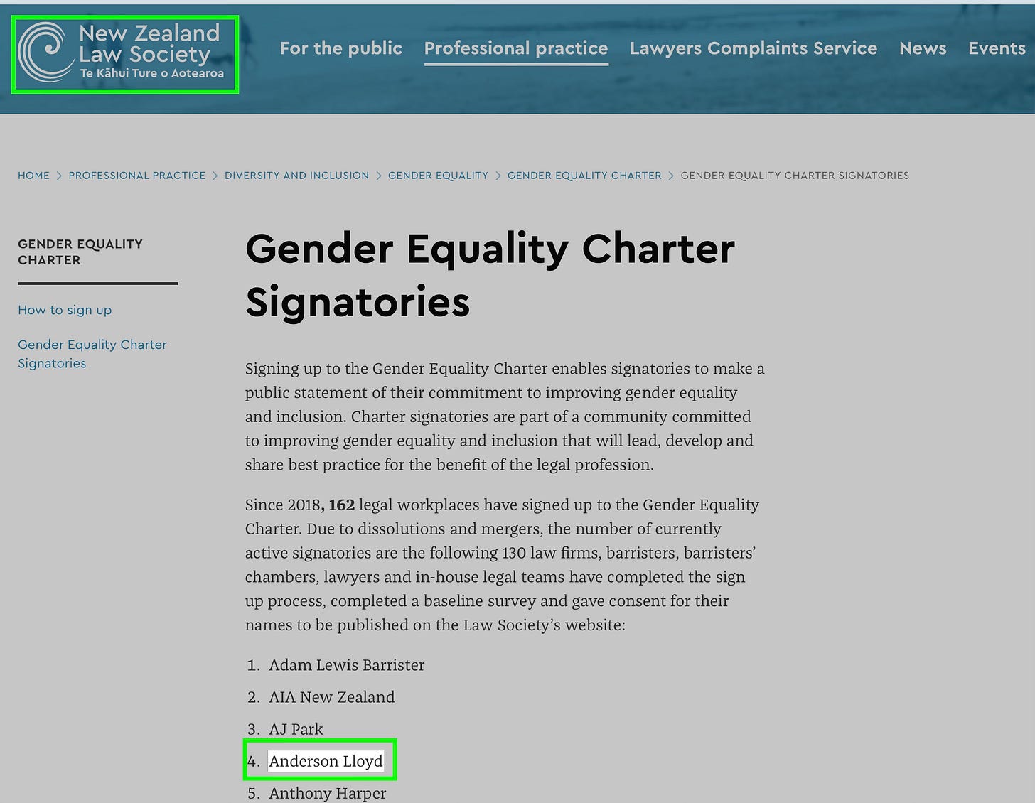 NZ Law Society Gender Equality Charter Signatories, including Anderson Lloyd