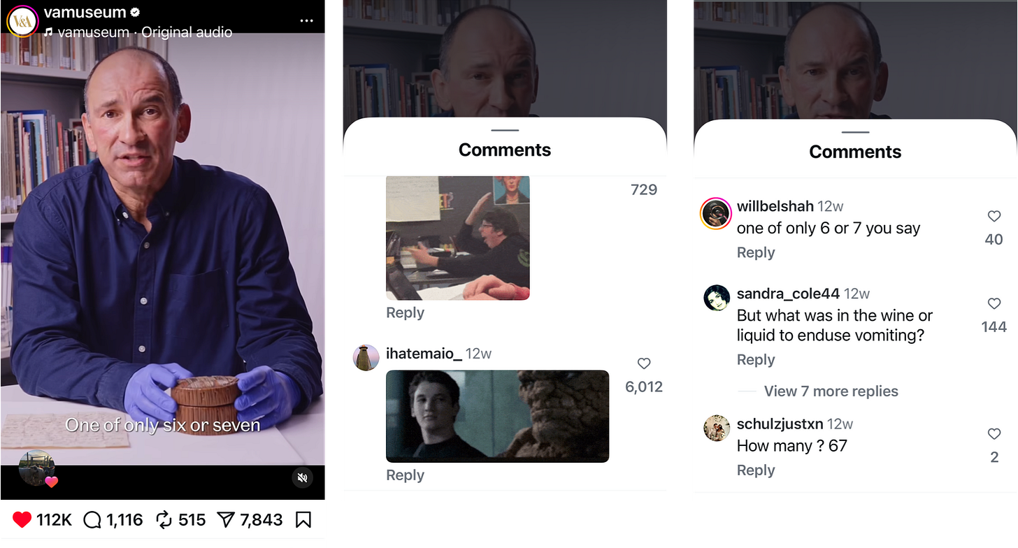 A screenshot of an Instagram Reel with a curator in a blue shirt and blue gloves holding a round cup with comments referencing the 6-7 meme. The Reel has 112,000 likes.
