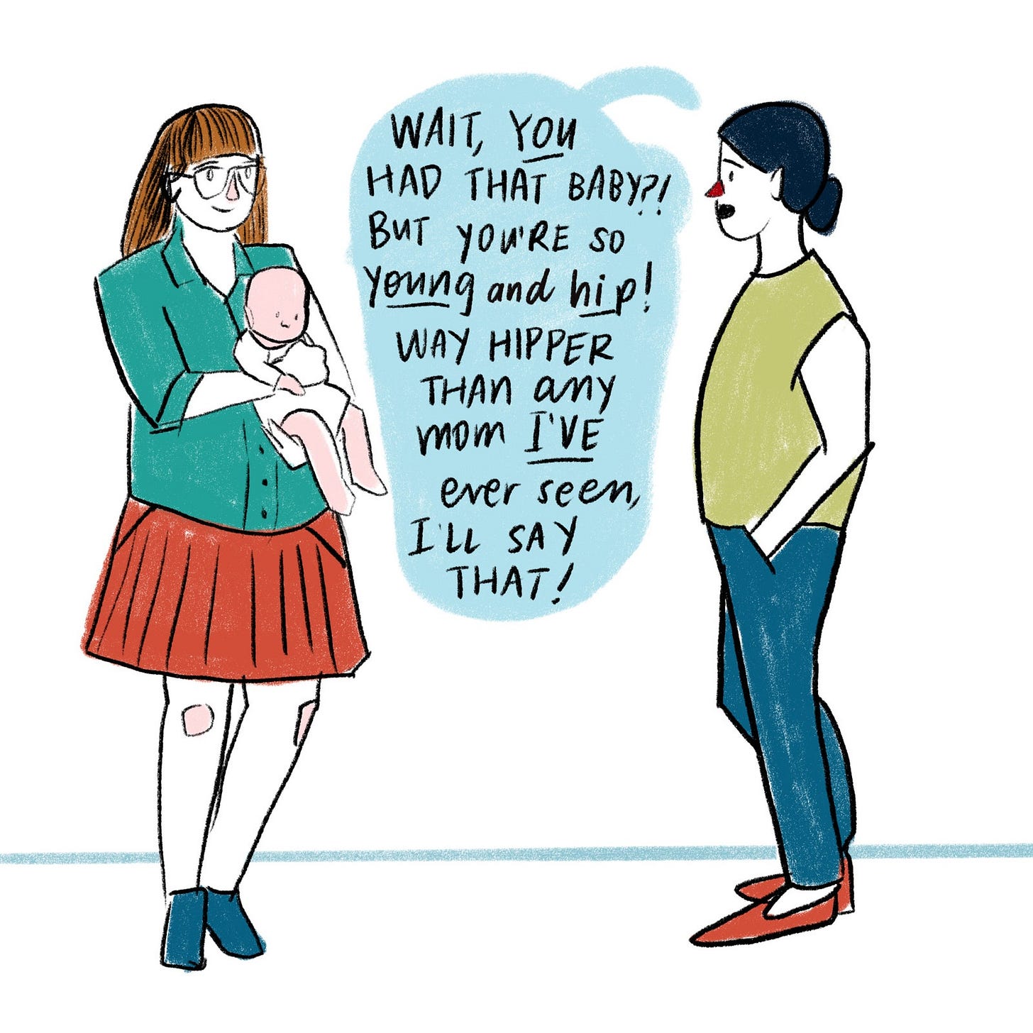 Person talking to mother holding baby.