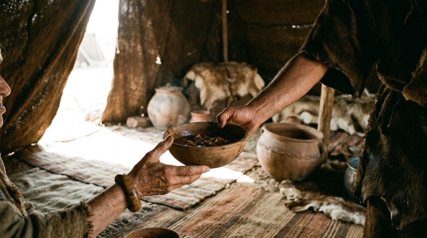 A young man's arm wrapped in dark goatskin holding a clay bowl of stew toward an old man's reaching hand inside a dim tent, lamplight, faces hidden, no text