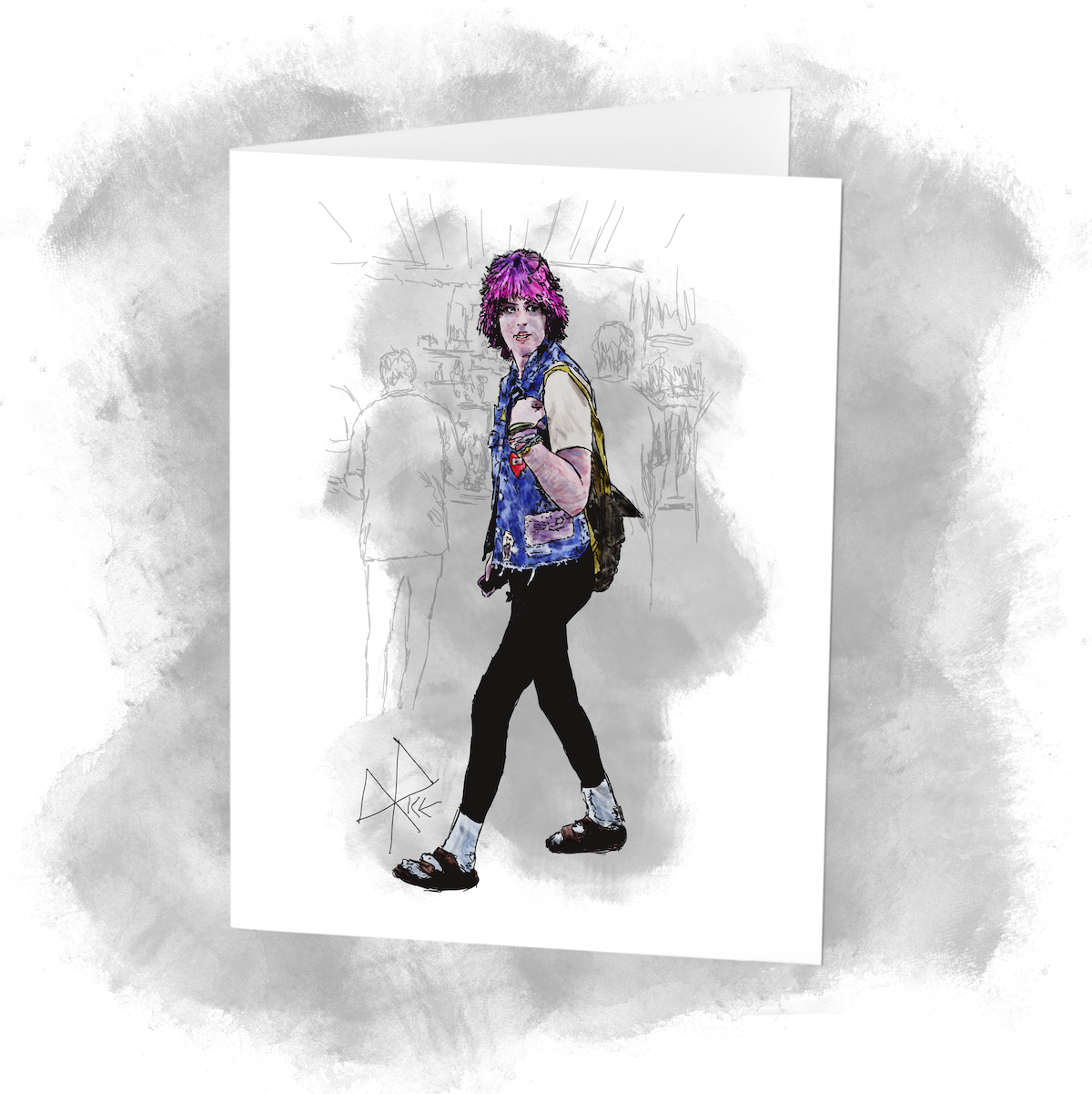 A woman with pink and blue hair, wearing a sleeveless jean jacket over a white t-shirt, tights and sandals at an outdoor punk rock show. Sketch art by Don Rice.