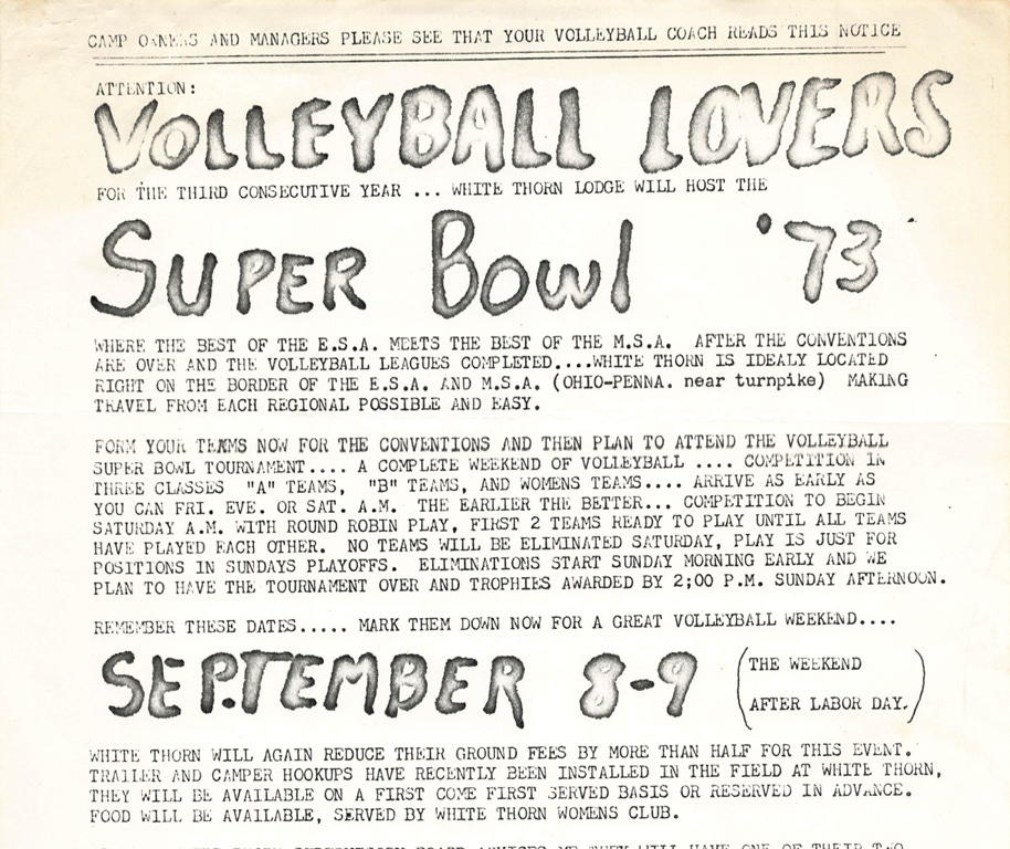 A vintage 1973 flyer from White Thorn Lodge announcing the third annual Superbowl of Volleyball. The hand-lettered notice calls on “volleyball lovers” to attend the event September 8–9, featuring men’s and women’s teams from regional nudist leagues, with round robin play on Saturday and finals on Sunday. A vintage 1973 flyer from White Thorn Lodge announcing the third annual Superbowl of Volleyball. The hand-lettered notice calls on “volleyball lovers” to attend the event September 8–9, featuring men’s and women’s teams from regional nudist leagues, with round robin play on Saturday and finals on Sunday.